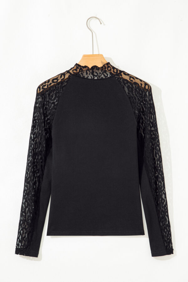 Black Leopard Mesh Patchwork Knit Long Sleeve Top