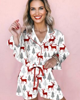 White Christmas Fashion Print Velvet Trim Bow Knot Pajama 2pcs Short Set