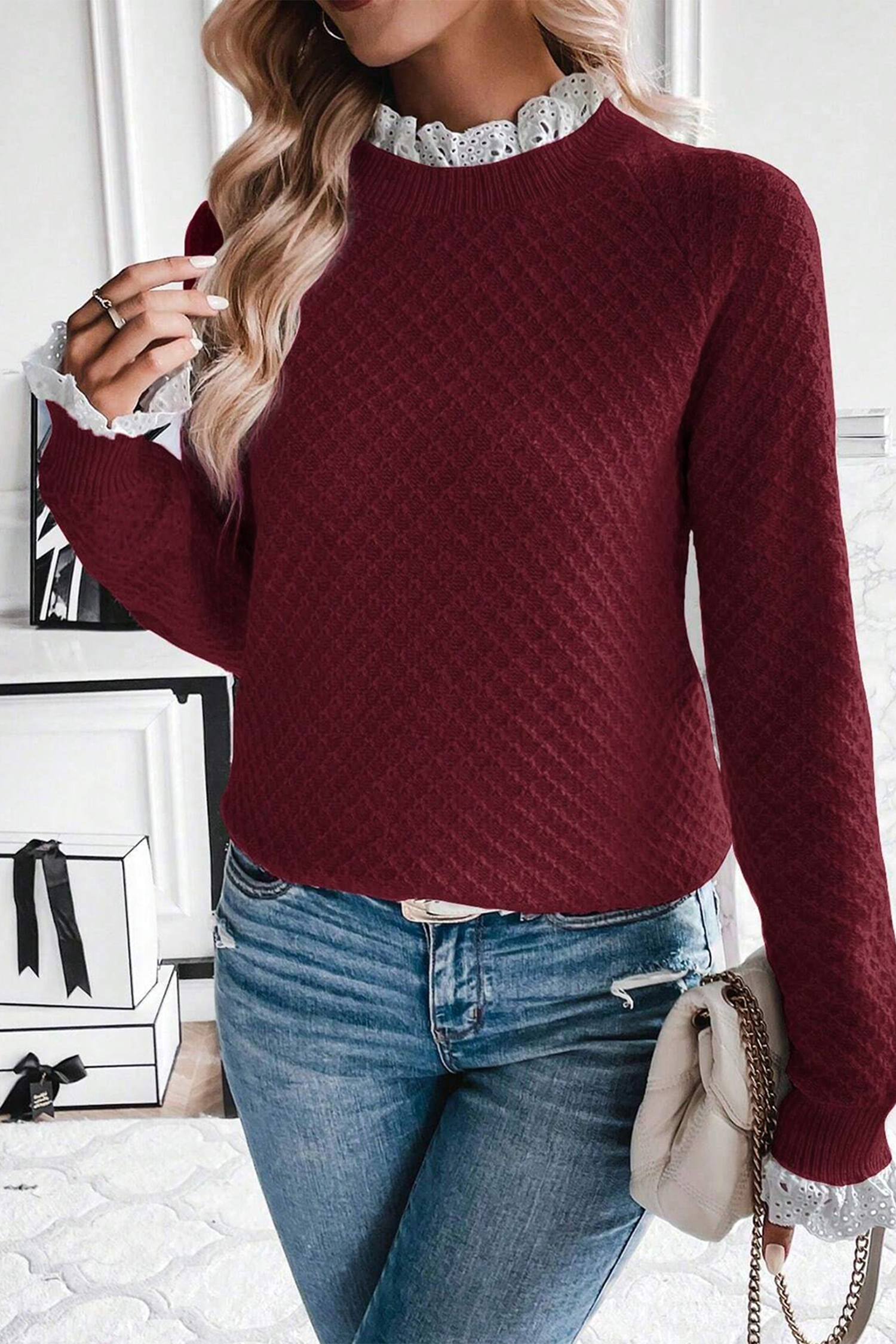 Burgundy Contrast Lace Frilled Trim Raglan Sleeve Sweater - Image 5