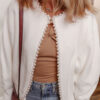 White Pearl Embellished Open Front Elegant Cardigan