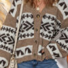 Dark Khaki Ethnic Geometric Pattern Button Front V Neck Sweater Cardigan