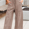 Smoke Gray Mineral Wash Exposed Seam Drawstring Elastic Waistband Wide Leg Cargo Pants