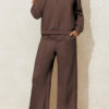 Dark Brown Solid Collared Sweatshirt and High Waist Pants Active Set