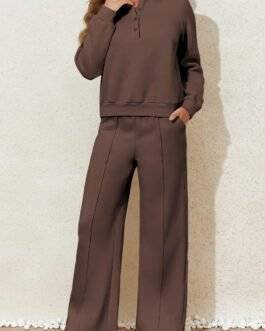 Dark Brown Solid Collared Sweatshirt and High Waist Pants Active Set