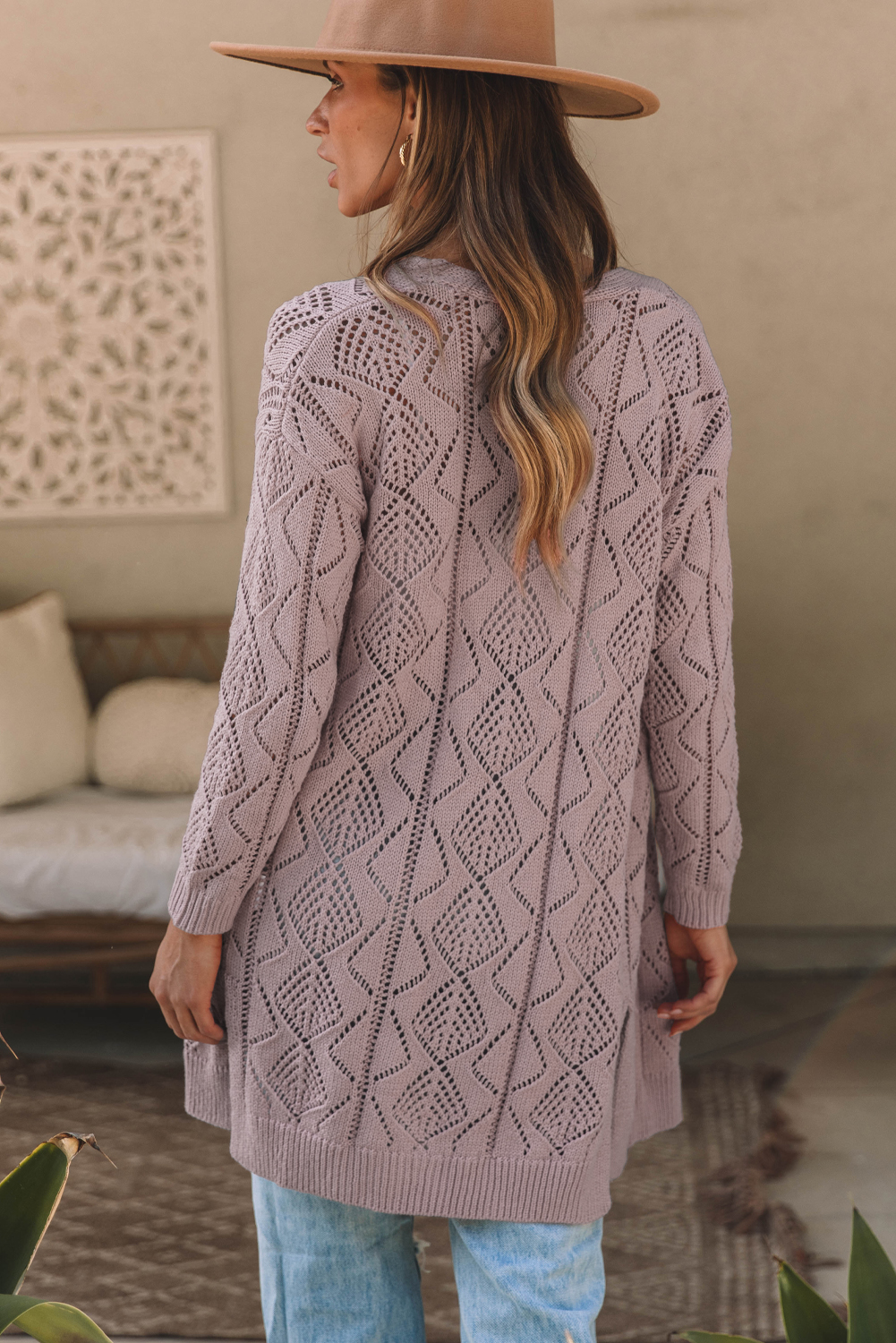 Khaki Hollow-out Openwork Knit Cardigan - Image 8