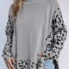 Gray Leopard High Neck Side Slit Oversized Sweater