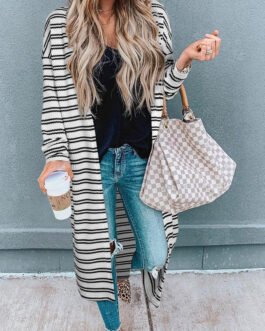 Black Stripe Print Open Front Duster Cardigan