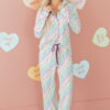 White Pride Heart Print Valentines Long 2pcs Pajama Set