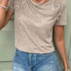 Smoke Gray Solid Color Lace Patched Detail Round Neck Tee