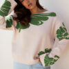 Green Bold Flower Pattern Wide Sleeve Baggy Sweater
