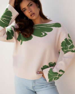 Green Bold Flower Pattern Wide Sleeve Baggy Sweater
