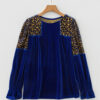 Sky Blue Leopard Patchwork Shoulder Flounce Sleeve Velvet Blouse