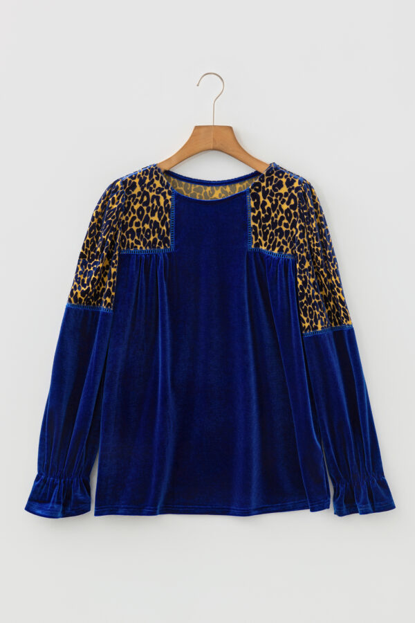Sky Blue Leopard Patchwork Shoulder Flounce Sleeve Velvet Blouse