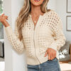 Beige Hollowed Pattern Knit Zip Up Drop Shoulder Sweater Cardigan