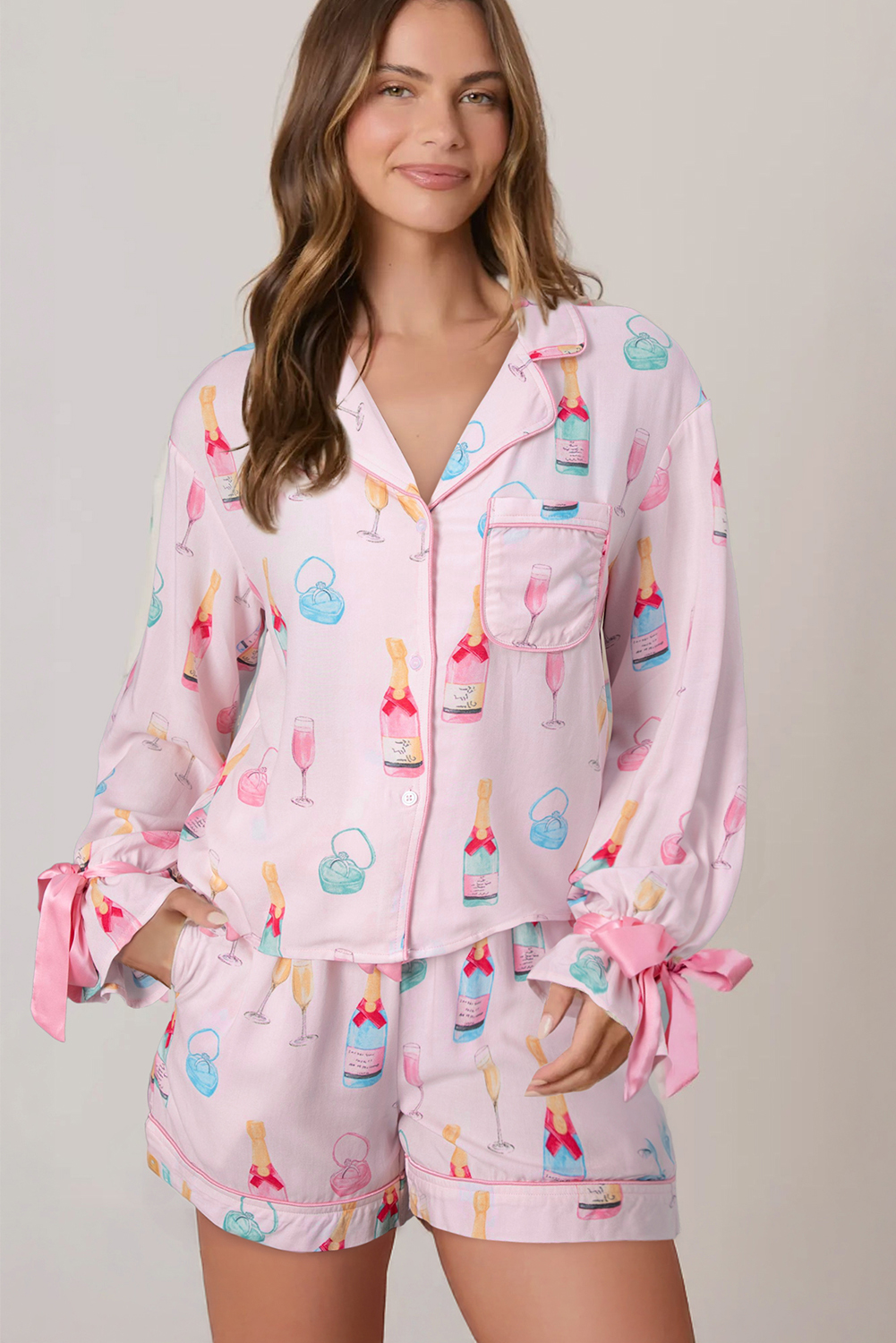 Light Pink Christmas Wine Glass Print Bow Knot Two Piece Pajama Set - Image 3