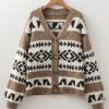 Dark Khaki Ethnic Geometric Pattern Button Front V Neck Sweater Cardigan