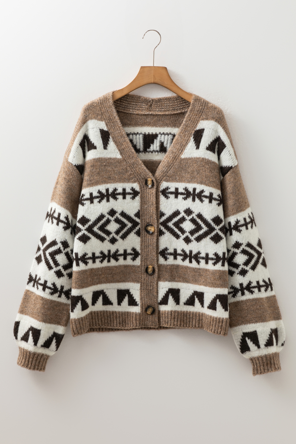 Dark Khaki Ethnic Geometric Pattern Button Front V Neck Sweater Cardigan - Image 8