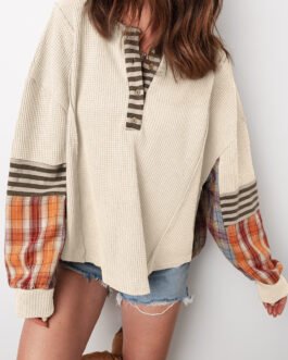 Beige Waffle Stripe Plaid Patchwork Henley Knit Top