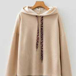 Parchment Thermal Textured Leopard Drawstring Baggy Hoodie