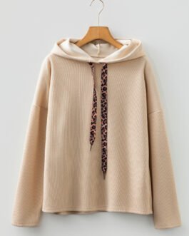 Parchment Thermal Textured Leopard Drawstring Baggy Hoodie