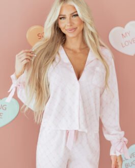 Pink Bow Lattice Print Bow Ties 2pcs Pajama Set