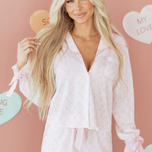 93412885-616a20e02077e1dc.jpg Pink Bow Lattice Print Bow Ties 2pcs Pajama Set