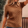 Straw Yellow Fish Scale Textured Knit Ribbed Crew Neck Short Sleeve Sweater