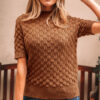 Straw Yellow Fish Scale Textured Knit Ribbed Crew Neck Short Sleeve Sweater