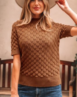 Straw Yellow Fish Scale Textured Knit Ribbed Crew Neck Short Sleeve Sweater