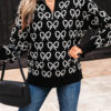 Black Cute Bow Pattern Drop Shoulder Zipped Collar Sweater
