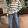 Khaki Stripe Crew Neck Drop Shoulder Pullover Sweatshirt