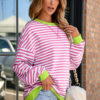 Rose Stripe Contrast Ribbed Trim Crossed Stitch Drop Shoulder Sweatshirt