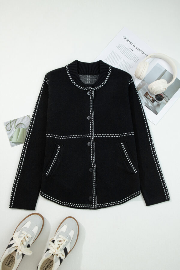 Black Contrast Trim Button up Sweater Cardigan