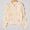 Beige Hollowed Pattern Knit Zip Up Drop Shoulder Sweater Cardigan