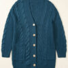 Peacock Blue Cable Knit Button Front Pocketed Baggy Cardigan