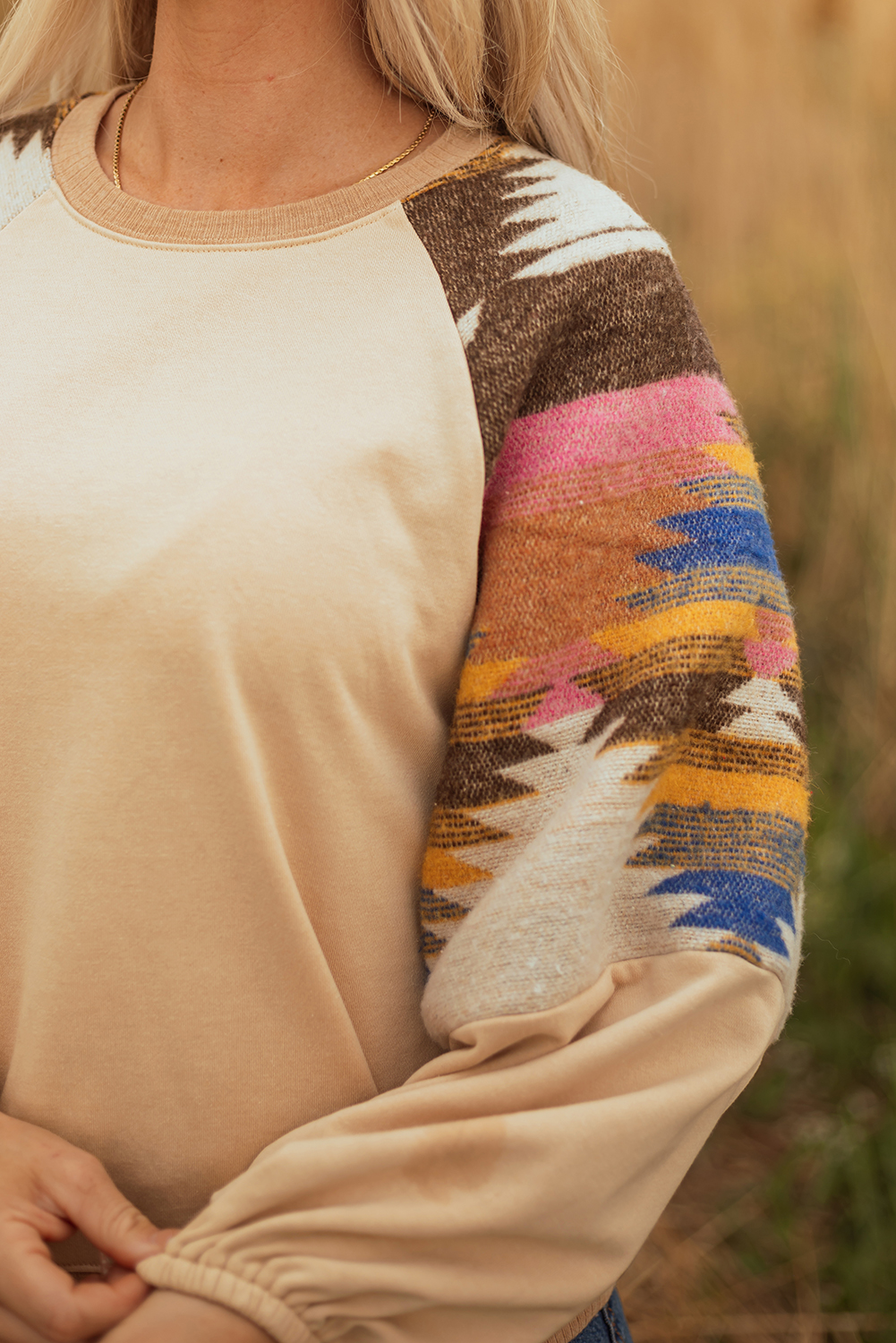 Light French Beige Aztec Patchwork Raglan Pullover Sweatshirt - Image 8