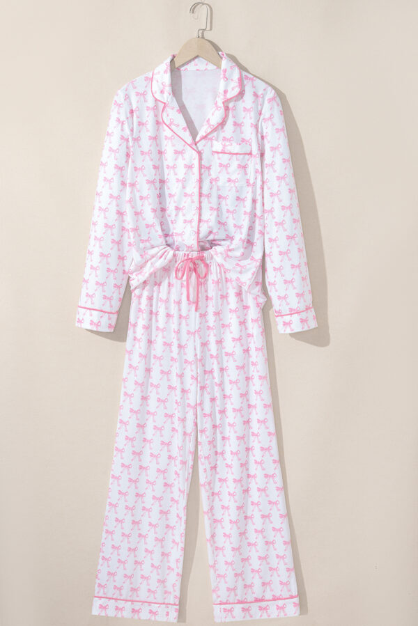 Sky Blue Bow Print Long Sleeve Shirt and Pants Soft Pajama Set