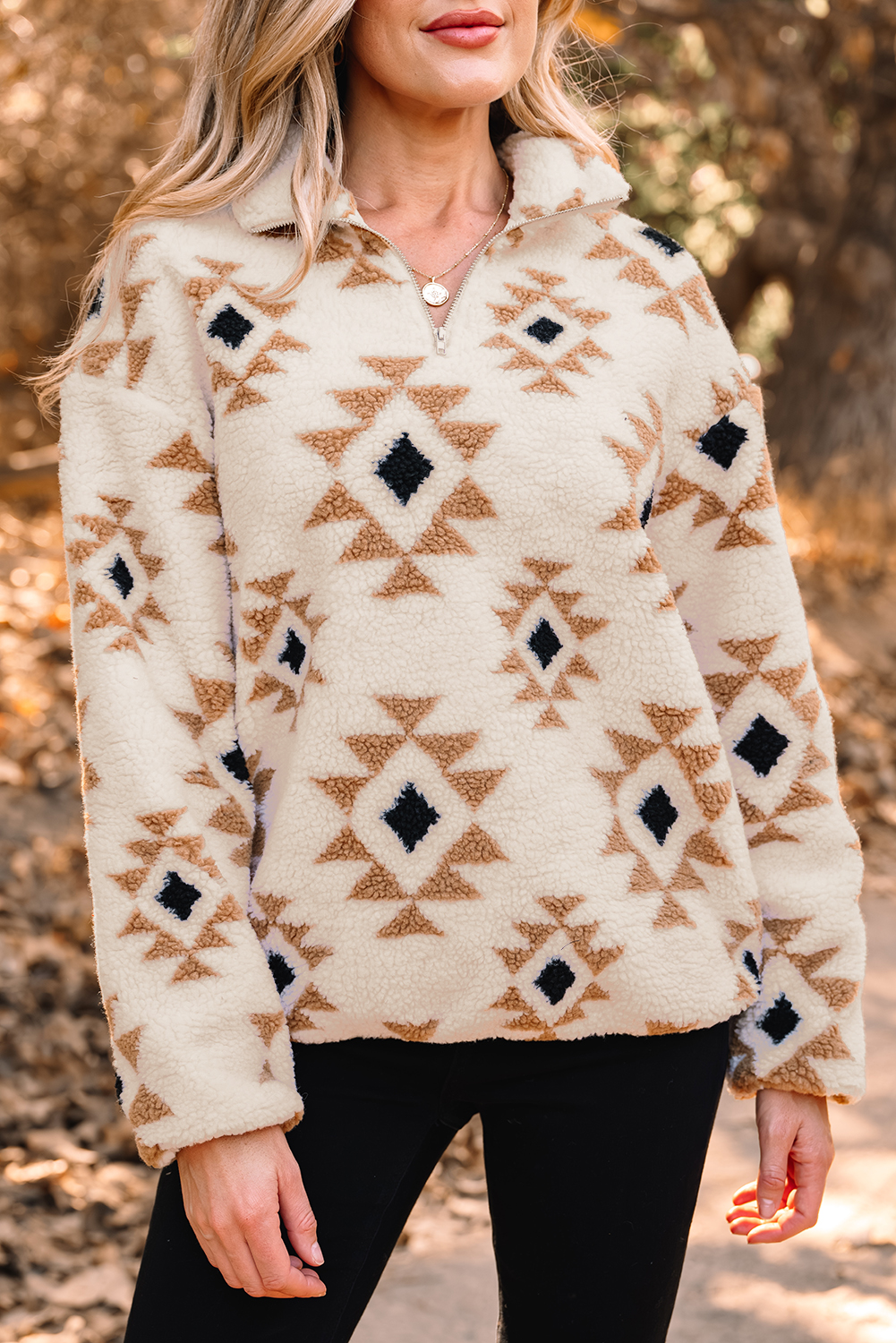 Khaki Aztec Print Sherpa Quarter Zip Collar Sweatshirt - Image 7