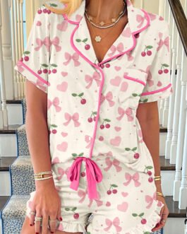 Beige Bow Fruit Print Contrast Pipping Short Pajamas Set