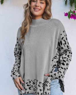 Gray Leopard High Neck Side Slit Oversized Sweater