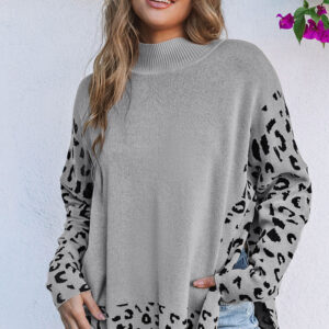 Gray Leopard High Neck Side Slit Oversized Sweater