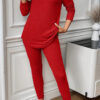 Racing Red Ribbed Notched Neck Knit Long Sleeve Leggings Two Pieces Lounge Set