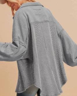 Medium Grey Waffle Knit Patchwork Exposed Seam Loose Shacket