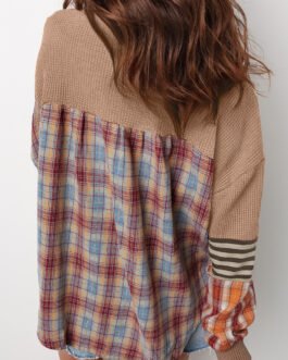 Straw Yellow Waffle Stripe Plaid Patchwork Henley Knit Top