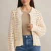 Beige Hollowed Pattern Knit Zip Up Drop Shoulder Sweater Cardigan