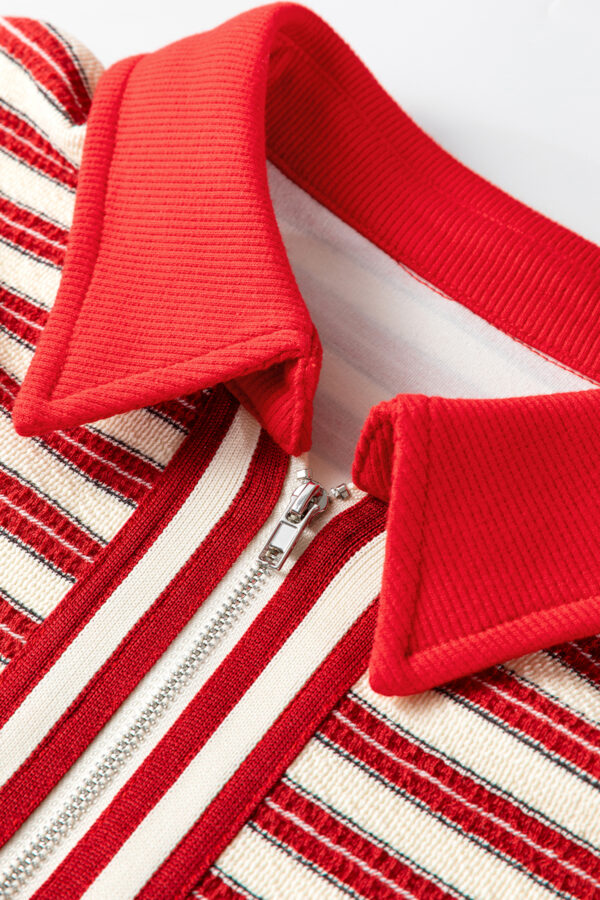 Dark Green Striped Print Contrast Collar Zip V Neck Long Sleeve Top