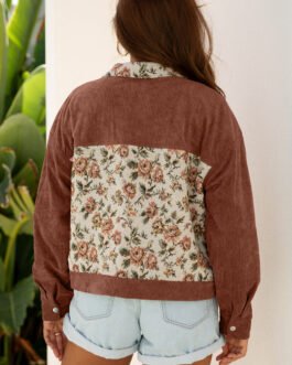 Clay Ribbed Retro Floral Patchwork Shirt Style Jacket