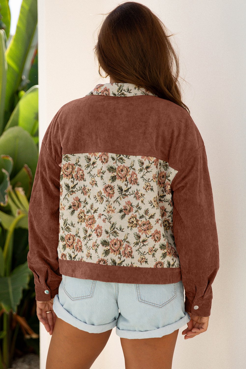 Clay Ribbed Retro Floral Patchwork Shirt Style Jacket - Image 2
