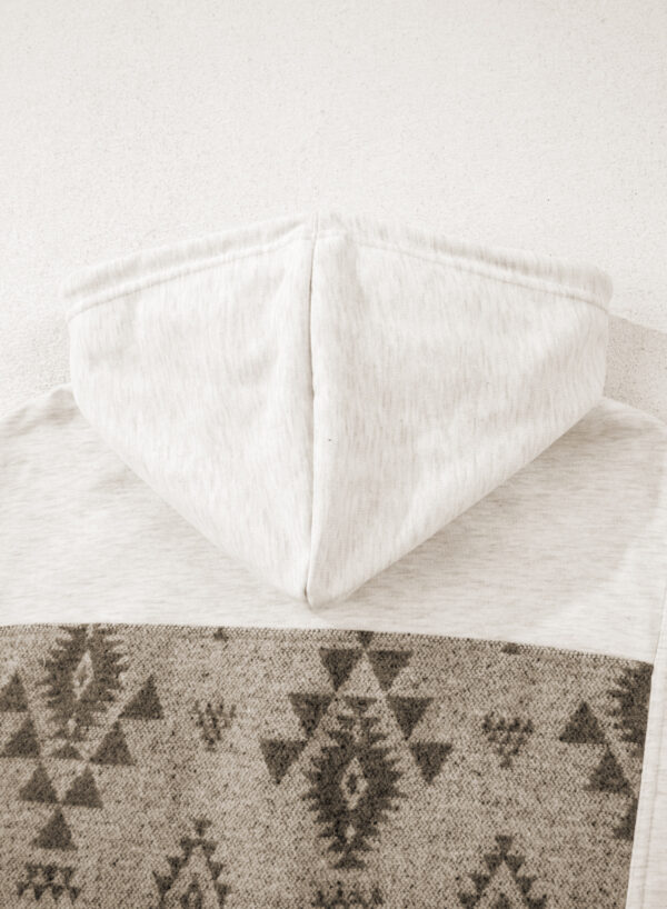 Gray Western Aztec Print Color Block Patchwork Drawstring Hooded Shacket