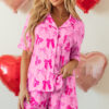 Pink Bow Print Half Sleeve Shirt and Shorts Pajamas Set